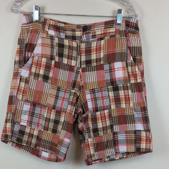 Larry Levine Cotton Brown & Rust Madras Plaid Patchwork Shorts Size 6 Preppy Y2K - Picture 1 of 10